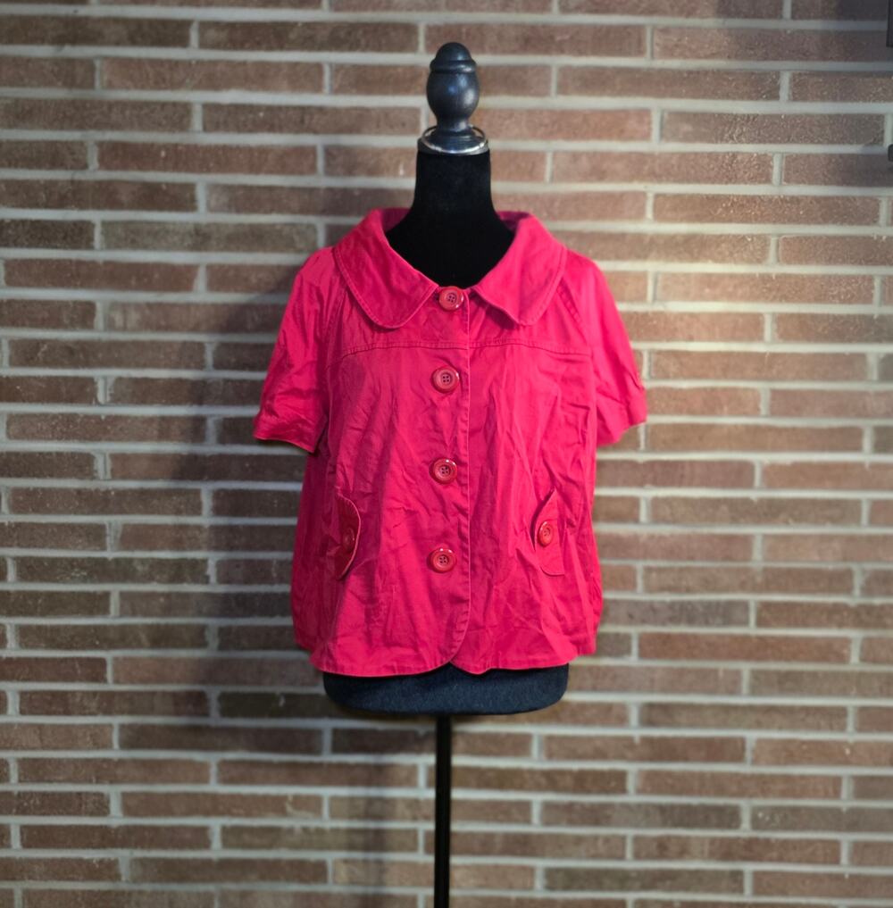 New Directions Red Short Sleeve Button Front Jacket Statement Collar Size XL